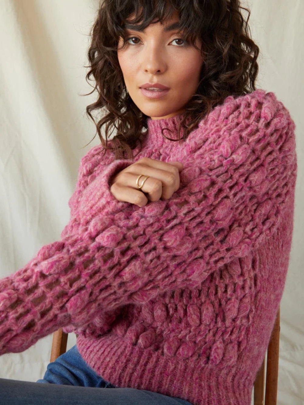 AMO Denim Jane Raglan Crochet Knit Sweater Luminous Pink Size Small NWT Pullover